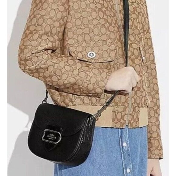 Coach 2023 Morgan Black Pebbled Leather Saddle Bag Crossbody Snakeskin Trim NWOT - Picture 3 of 16